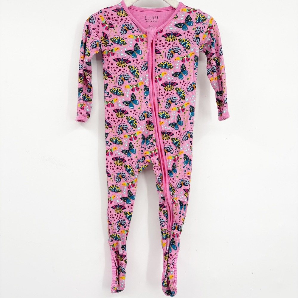 Clover Baby & Kids Pink Butterfly Print Bamboo Zip Footie Sleeper Size 6-12M